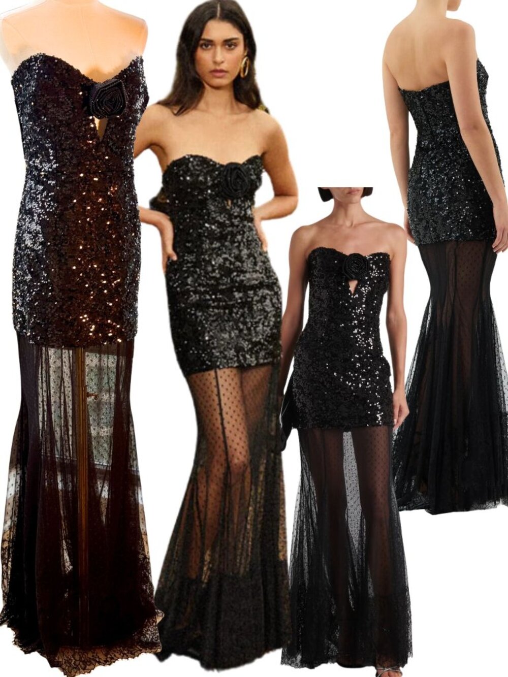 🆕REBECCA VALLANCE 🧿 NWOT Diana Black Sequined Mesh Trimmed Gown Sz AU 14 US 10